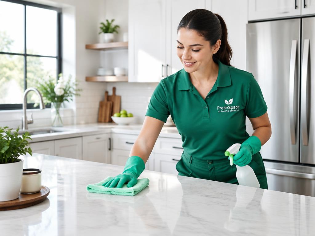 Iconic Services cleaner wiping a kitchen bench